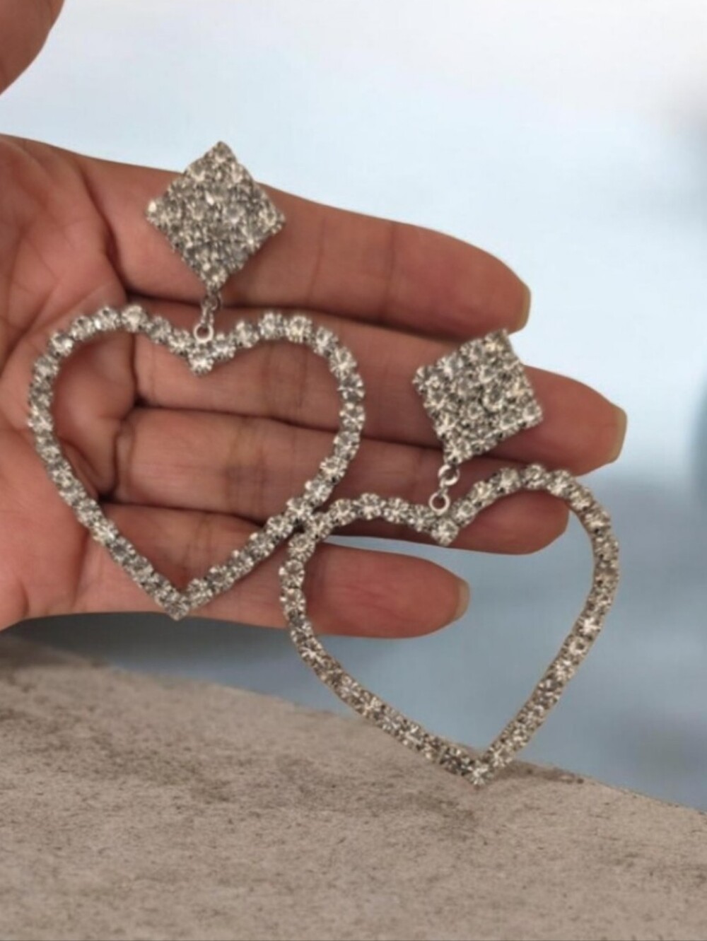 Eisa Silver Rhinestone Heart Drop Earrings Crystal Statement Dangle